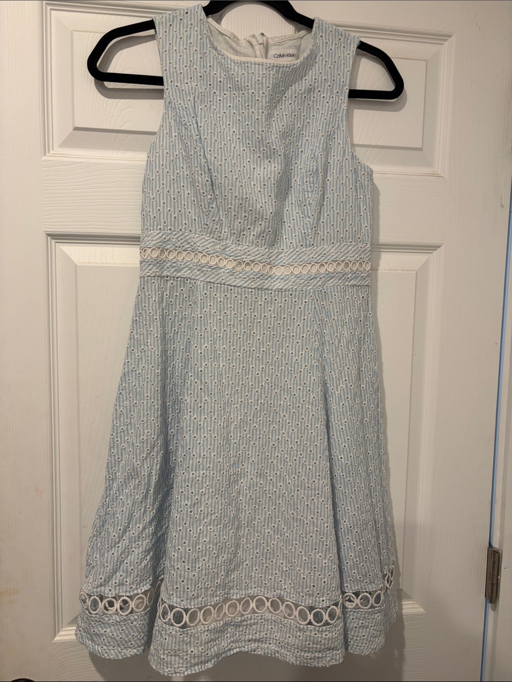 Calvin Klein Light Blue Eyelet A-Line Dress with White Trim